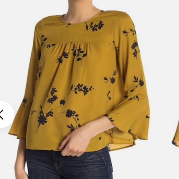 Joie Womens Awilda Floral Goldenrod Keyhole Back Bell 3/4 Sleeves Blouse SM - Picture 1 of 5